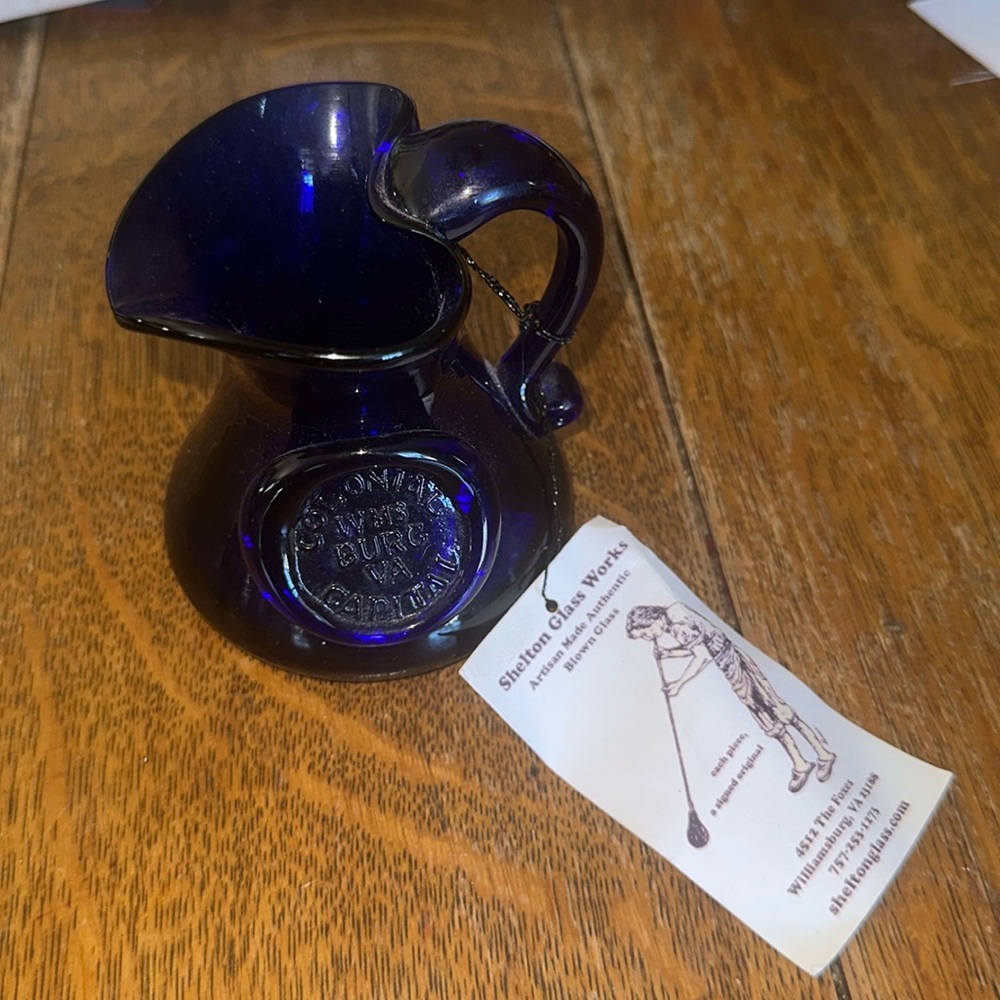 Vintage Art Glass Signed J.W. Shelton Cobalt Blue Hand Crafted Glass Pitcher